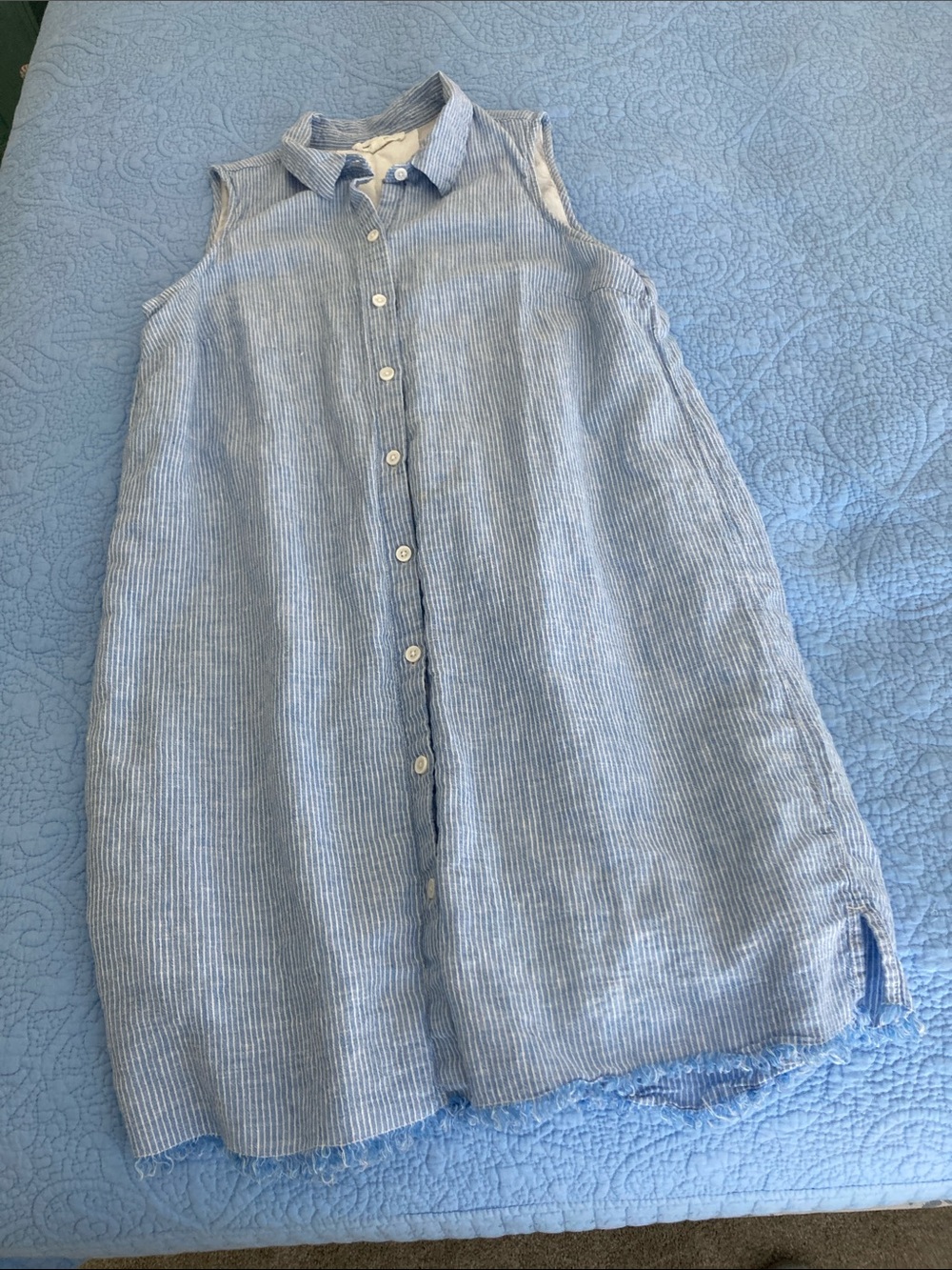Beachy Light Blue Striped Sleeveless Buttoned cover up with lining Beach Coverup